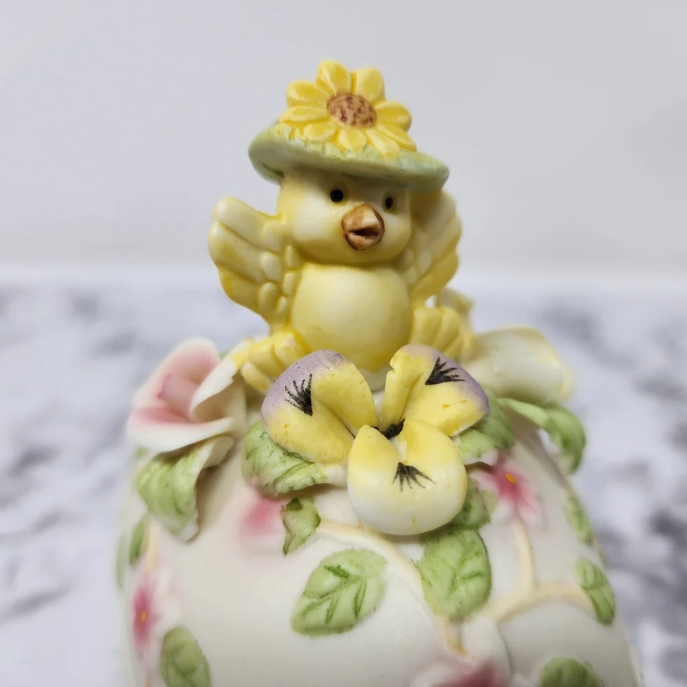 Decorative Egg with Yellow Chick and Flowers Trinket Box
